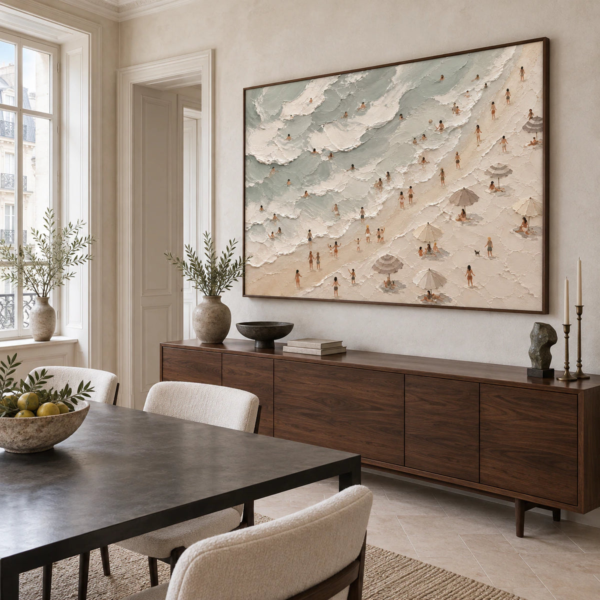 Tidal-Assembly as the focal artwork in a refined daylight dining room.