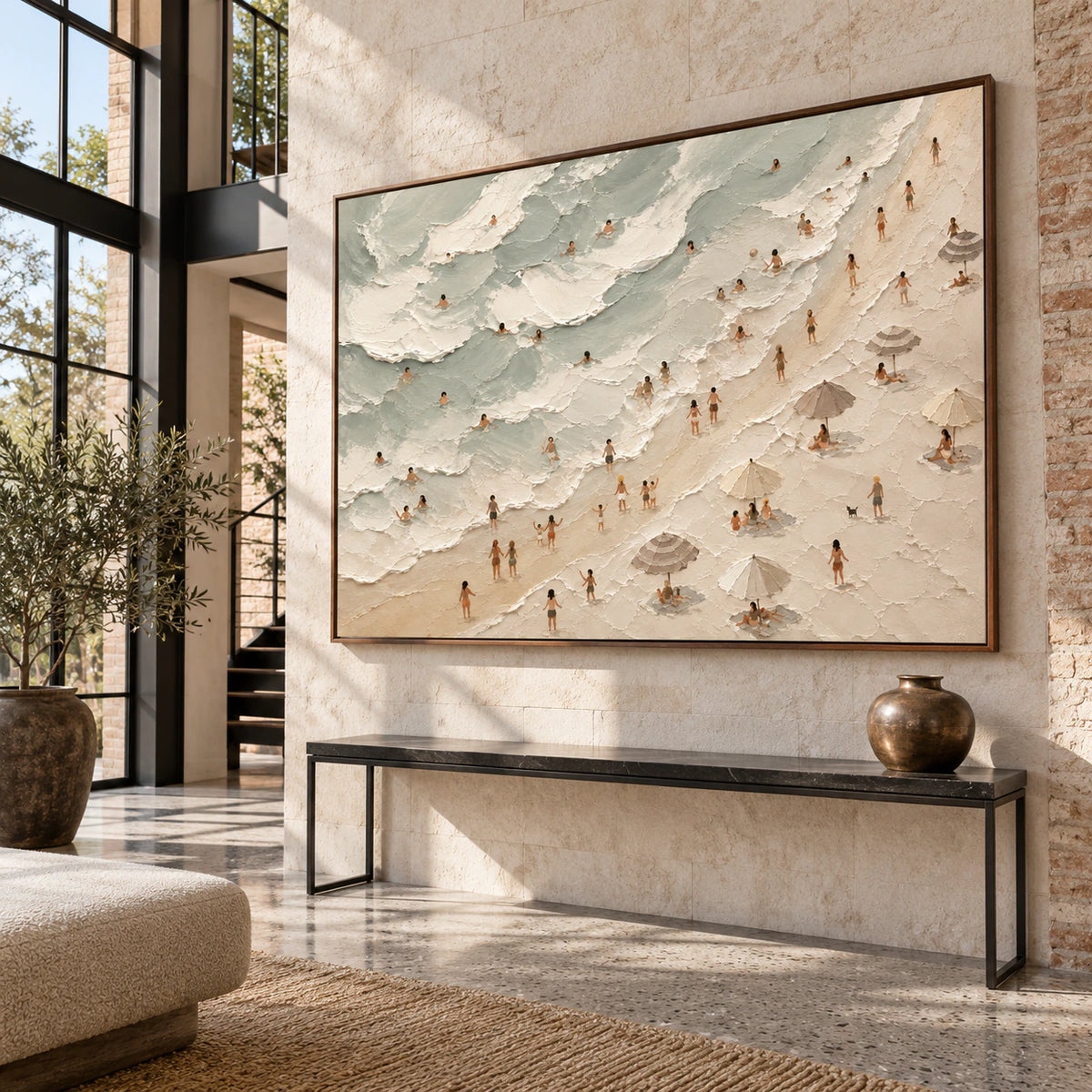 Tidal-Assembly at gallery scale in a sunlit stone foyer.