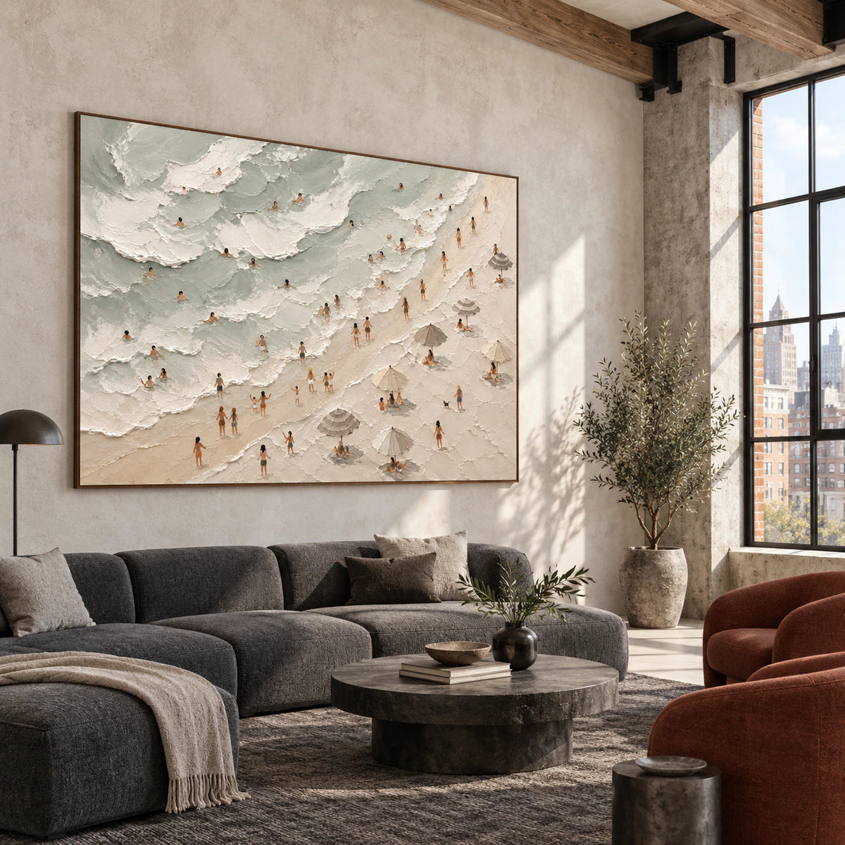 Tidal-Assembly anchoring an expansive, naturally lit hospitality loft interior.