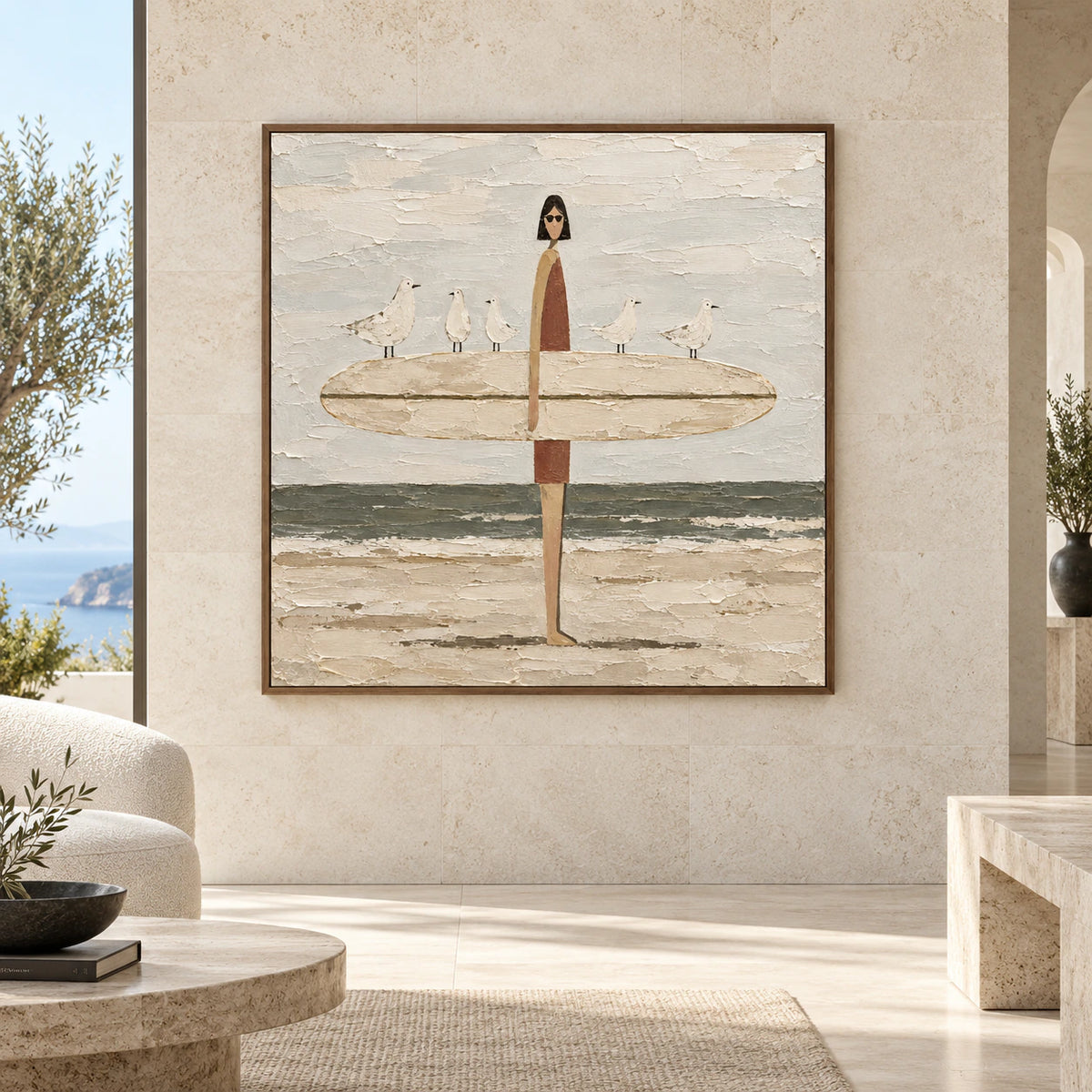 Large square Tidal-Companions painting displayed straight-on in a bright, expansive architectural living space.