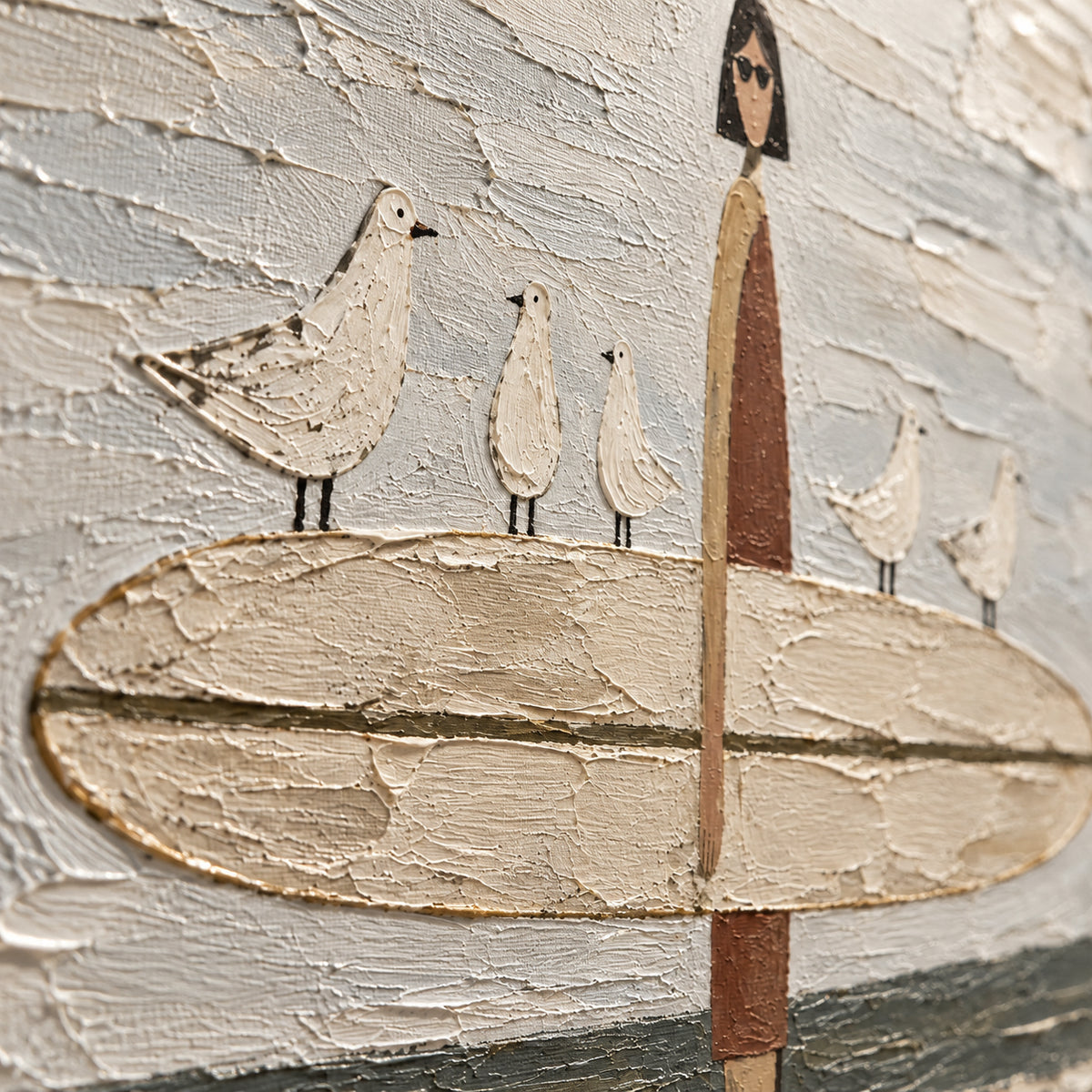 Tidal-Companions oil painting brushwork and impasto detail photographed from an oblique side angle