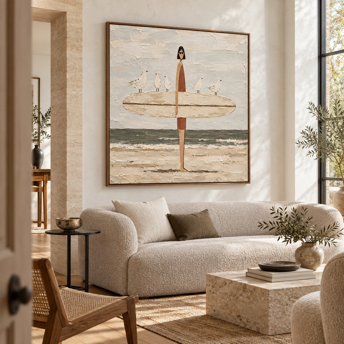 Tidal-Companions as the focal artwork above a restrained sofa in a bright living room.