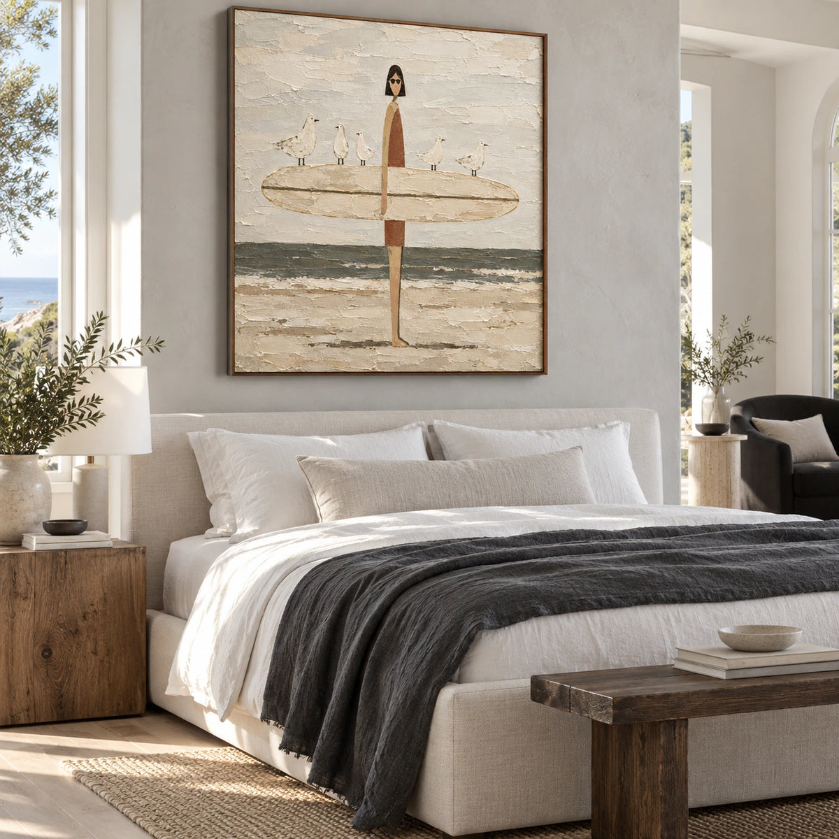 Tidal-Companions above a low upholstered bed in a quiet, light-filled bedroom.