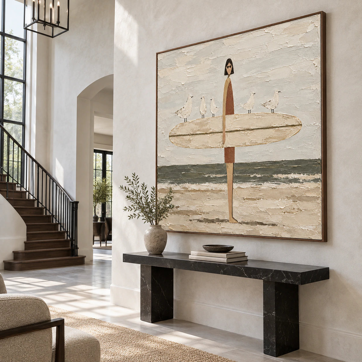 Gallery-scale view of Tidal-Companions in a bright, sculptural foyer.