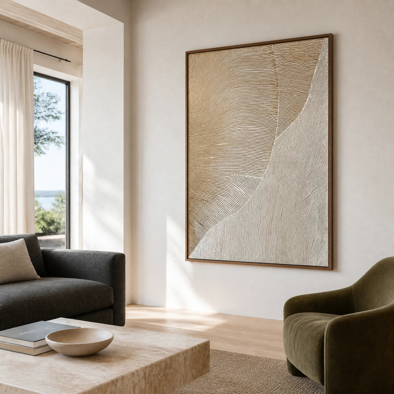 Tidal-Contour as the focal point above a bright living room seating arrangement.
