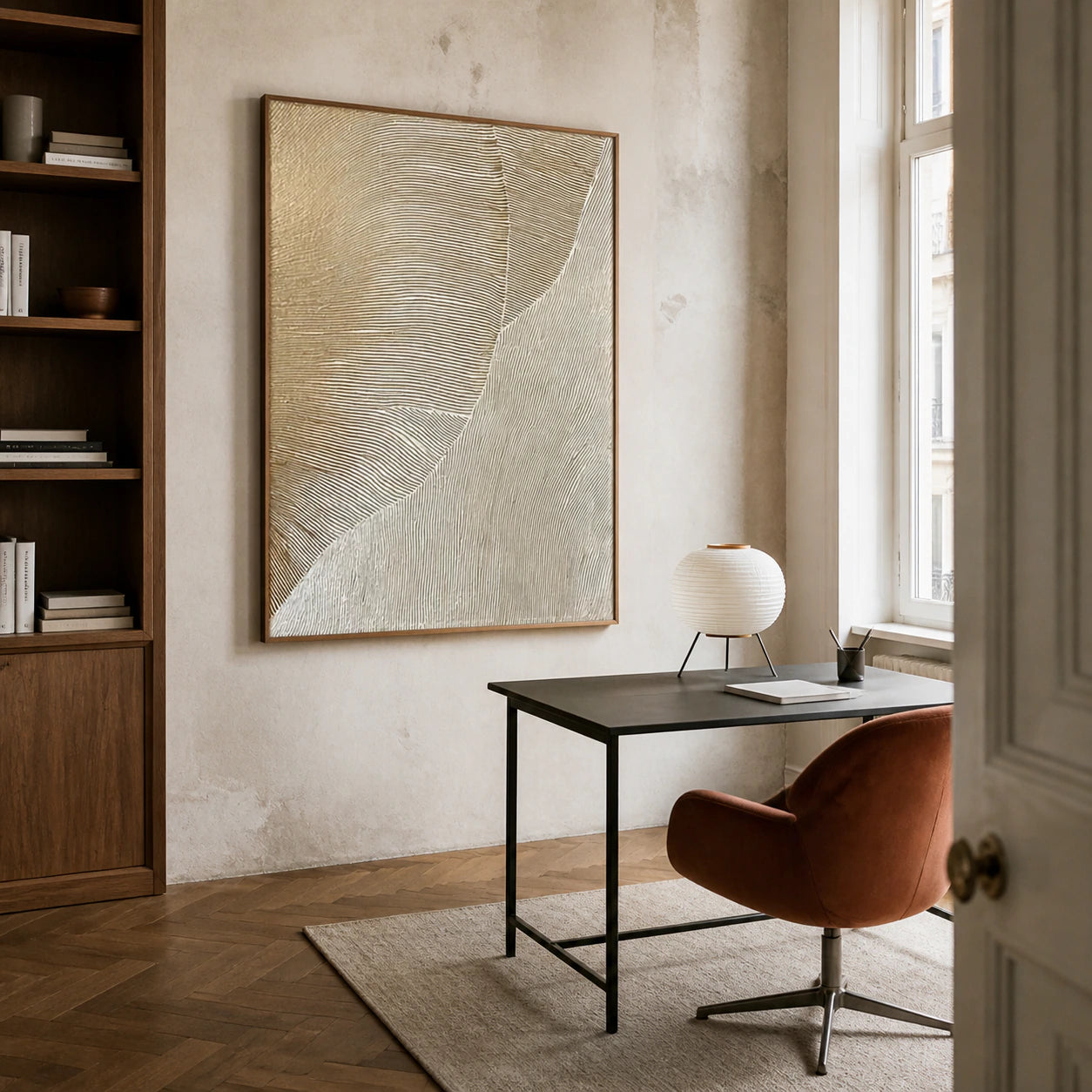 Tidal-Contour featured in an airy reading and home office space.