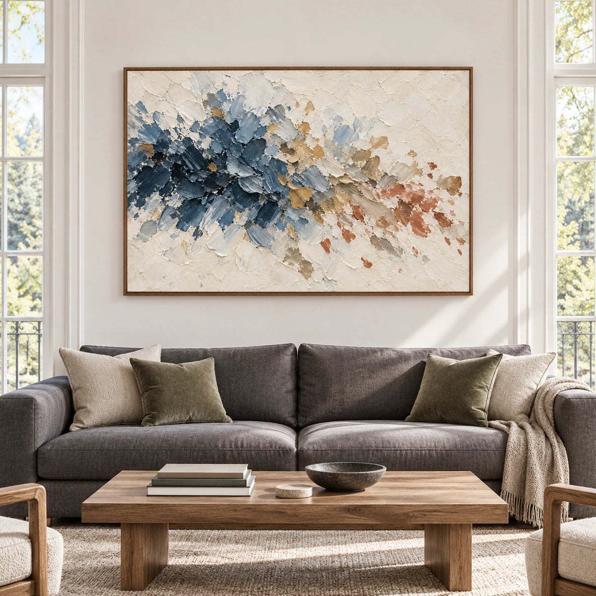 Large horizontal Tidal-Dispatch abstract painting displayed prominently in a spacious room.