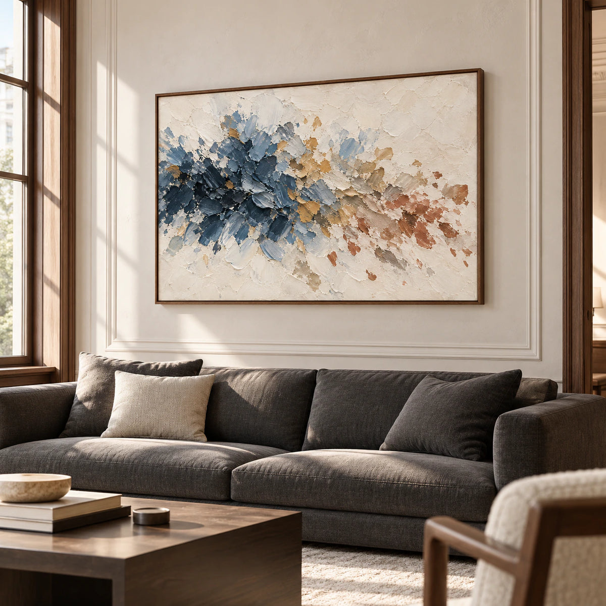 Tidal-Dispatch displayed above a restrained sofa in a bright living room.
