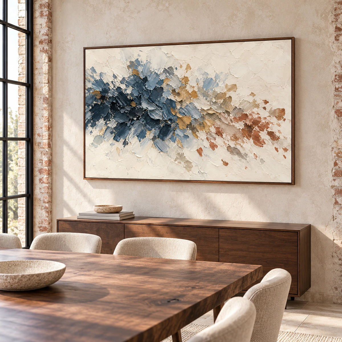 Tidal-Dispatch anchoring a refined dining room with a long table and natural daylight.