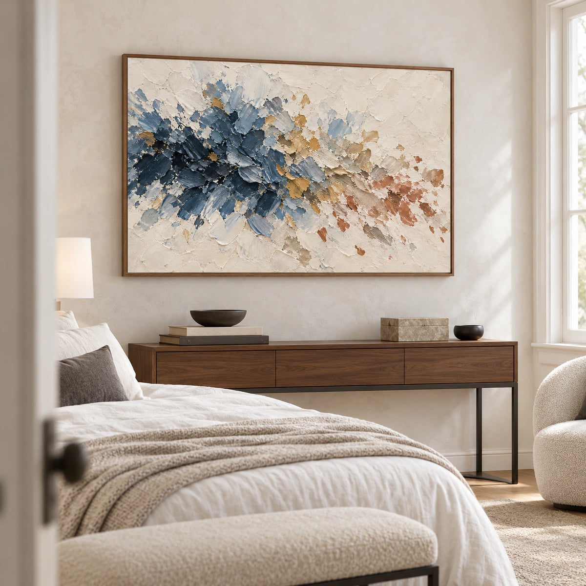 Tidal-Dispatch above a quiet bedroom console in soft morning light.