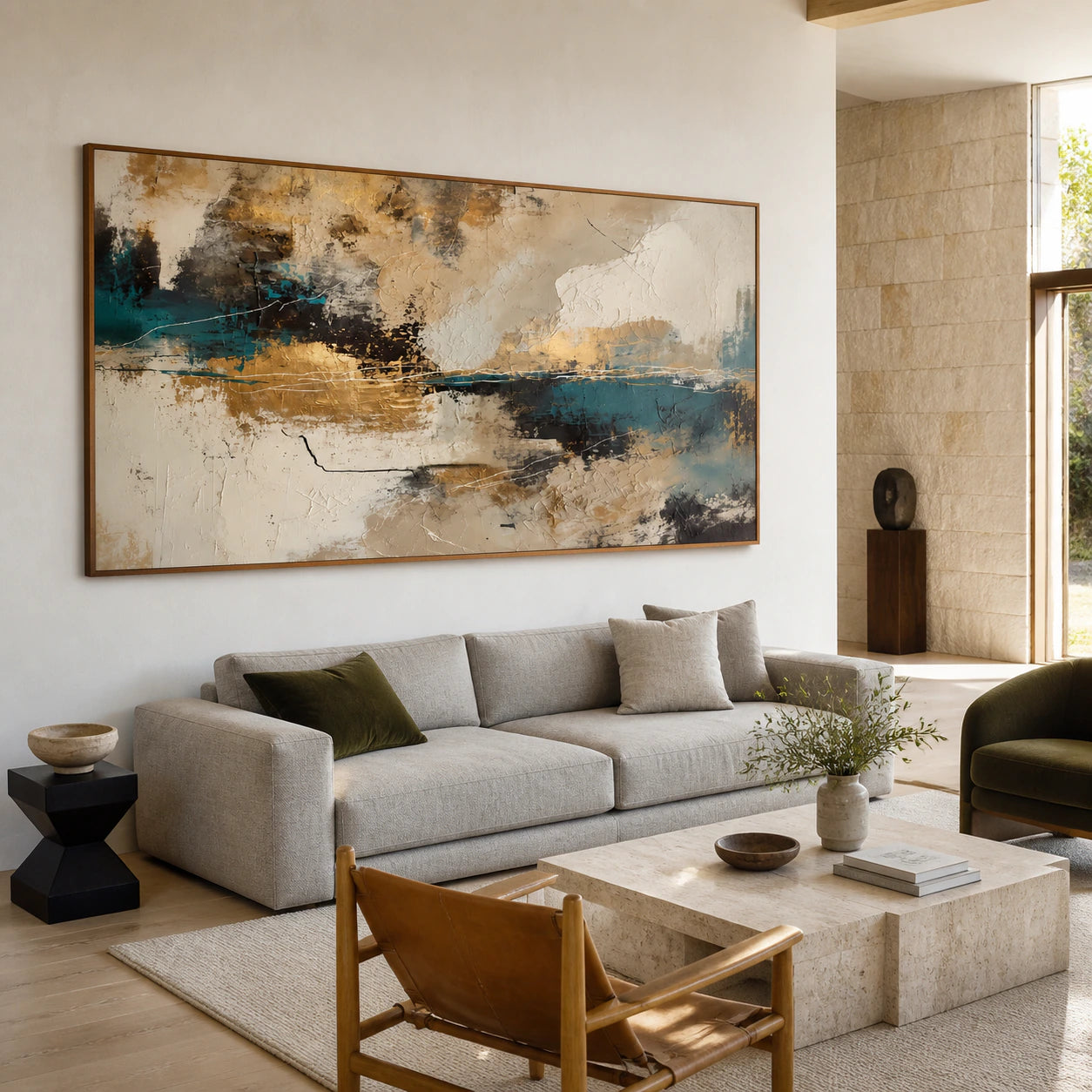 Tidal-Ember above a restrained sofa in a bright contemporary living room.