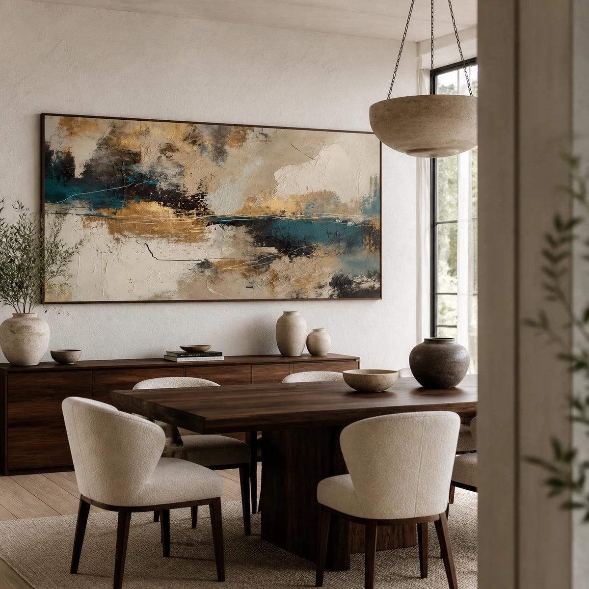 Tidal-Ember as the focal point of a refined daylight dining room.