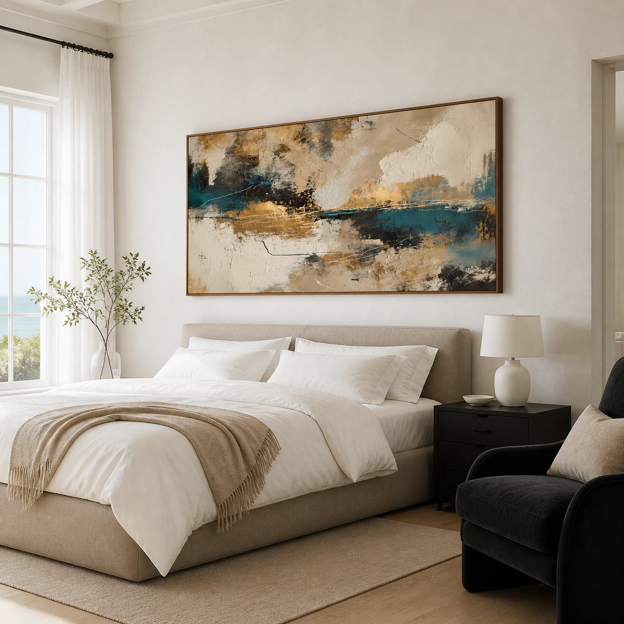 Tidal-Ember above a low upholstered bed in a quiet, light-filled bedroom.