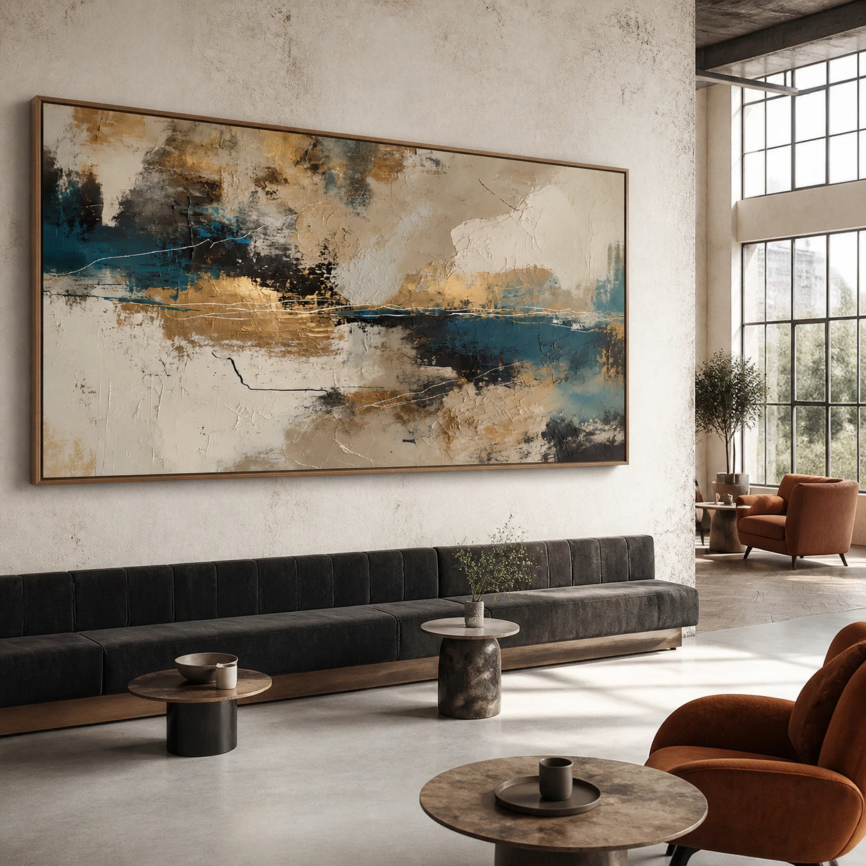 Tidal-Ember anchoring an expansive hospitality loft interior.