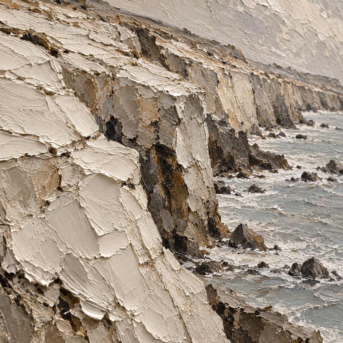 Tidal-Escarpment oil painting brushwork and impasto detail photographed from an oblique side angle