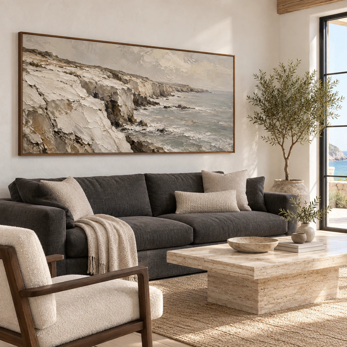 Tidal-Escarpment above a restrained sofa in a bright, daylight-filled living room.