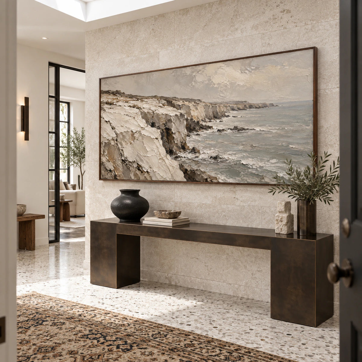 Tidal-Escarpment as a gallery-scale focal point in a bright stone foyer.