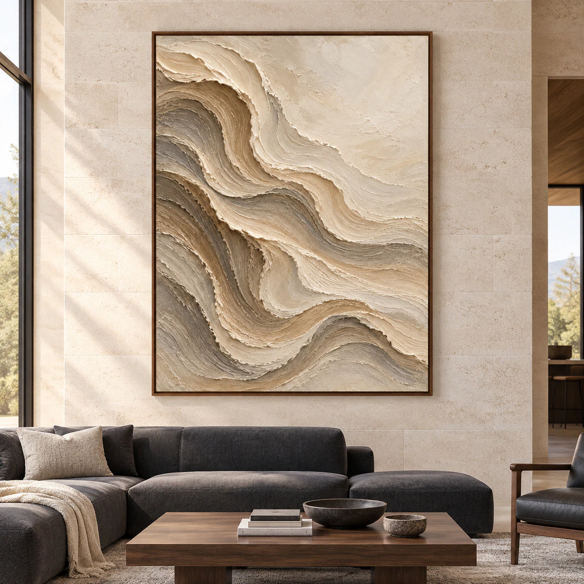 Large Tidal-Fold abstract wall art displayed straight-on in a bright, spacious architectural living space.