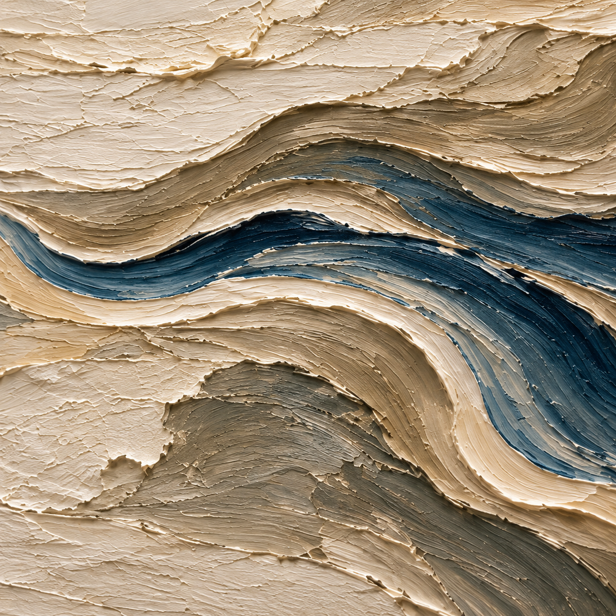 Oblique close-up of Tidal-Gesso showing blue and neutral impasto ridges, with grazing light revealing raised strokes and shallow shadows.