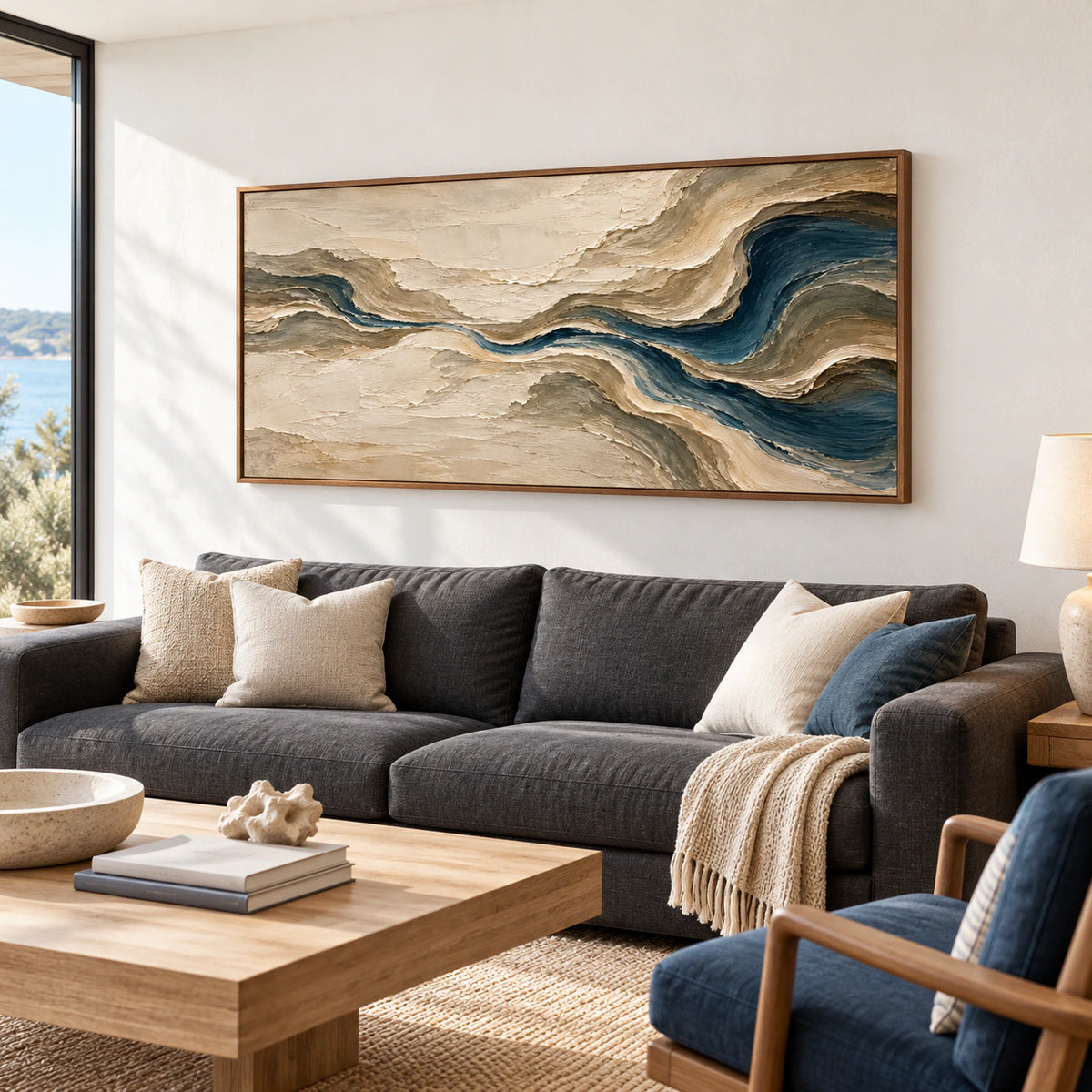 Tidal-Gesso above a charcoal sofa on a pale plaster wall in a bright living room, viewed obliquely from the left at seated eye height.
