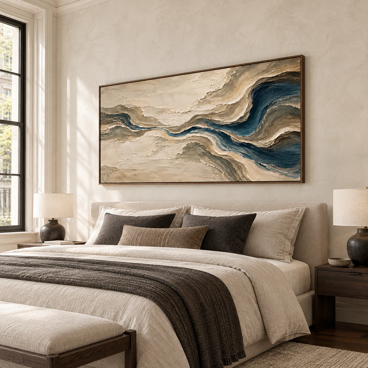 Tidal-Gesso centered above a low bed with pale linen and charcoal accents, viewed from the left in a bedroom lit by a tall window.