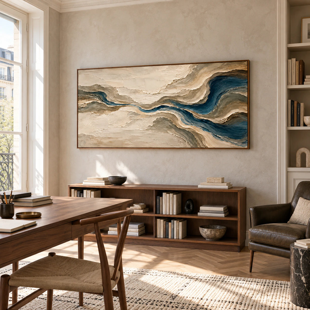 Tidal-Gesso on a light warm-gray wall in an airy home office with a slim desk, open shelving and a dark reading chair, viewed from the right.