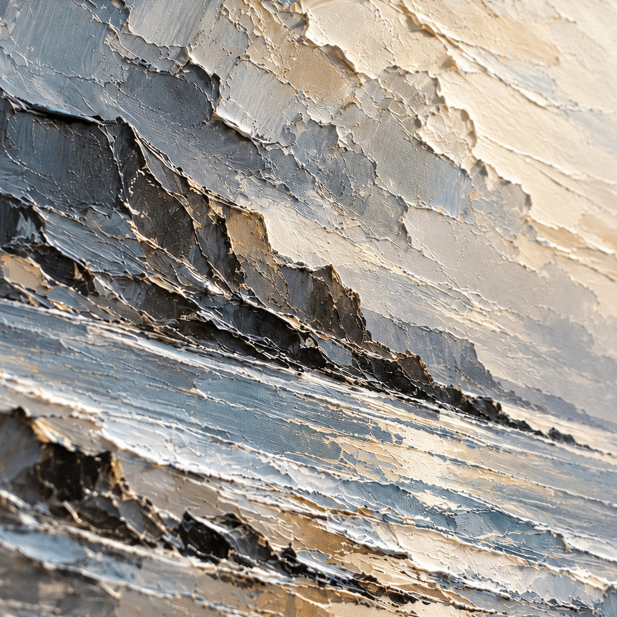 Oblique close-up of the coastal oil painting, showing raised paint, broken strokes and color transitions under grazing directional light.