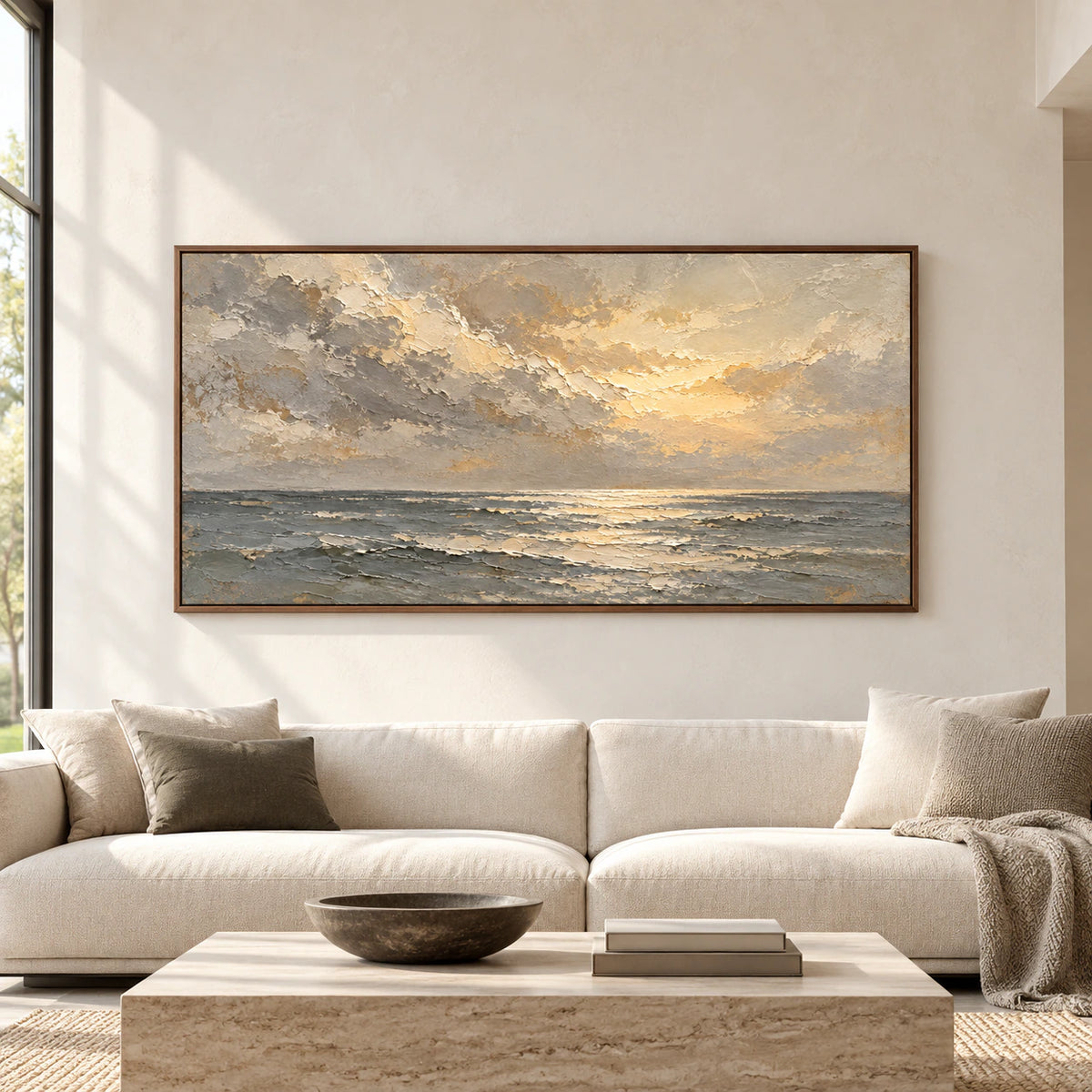 Large horizontal textured seascape displayed at monumental scale on a pale plaster wall in a spacious, sunlit room.