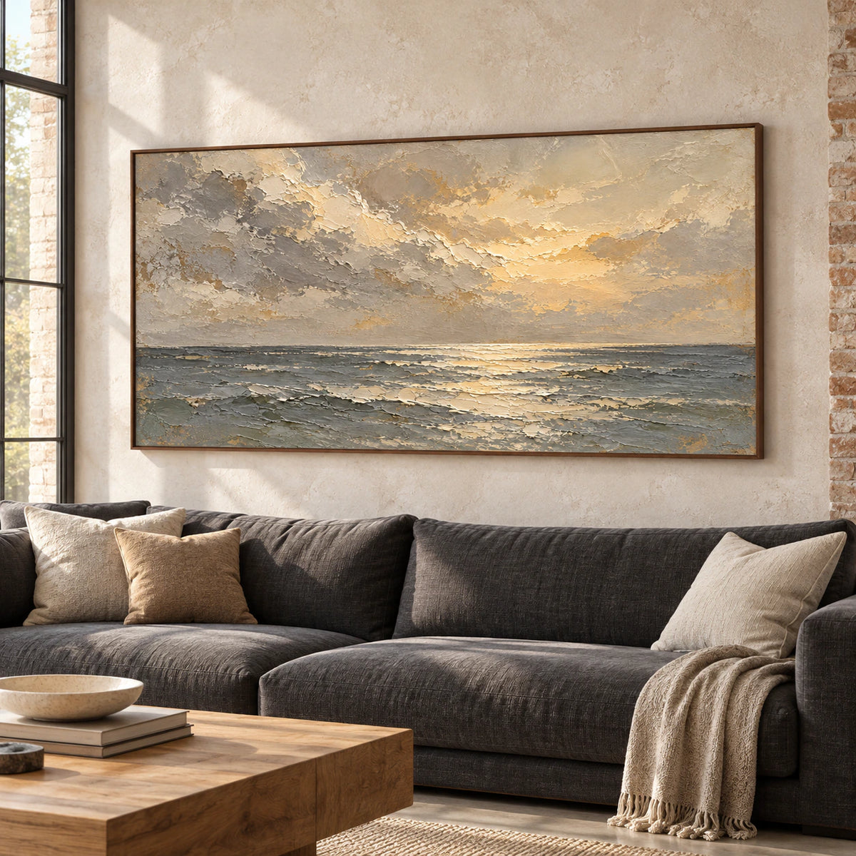 Large textured seascape above a charcoal sofa in a bright living room with restrained pale furnishings.