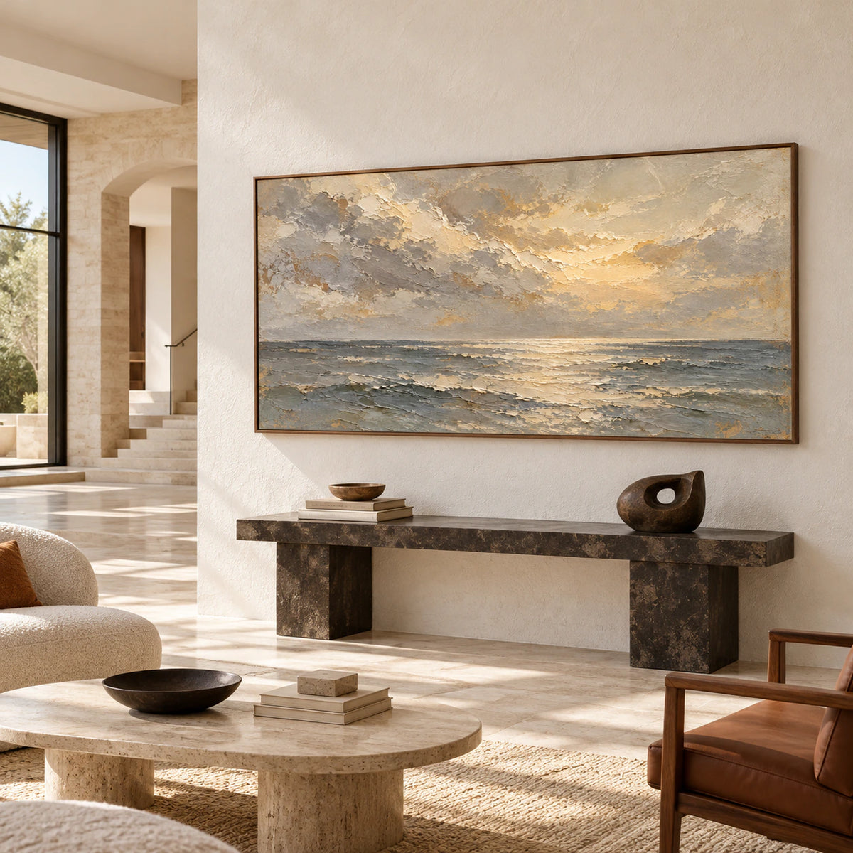 Large seascape commanding a bright gallery-scale foyer with stone flooring and spare architectural details.