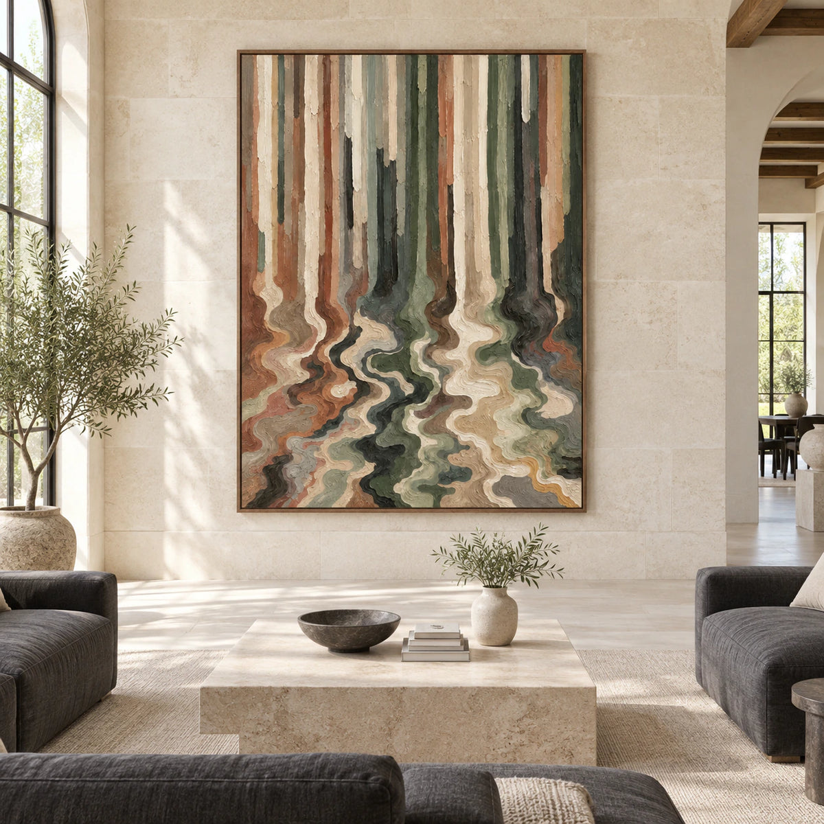 Large vertical Tidal-Grove painting shown straight-on in a bright expansive interior.