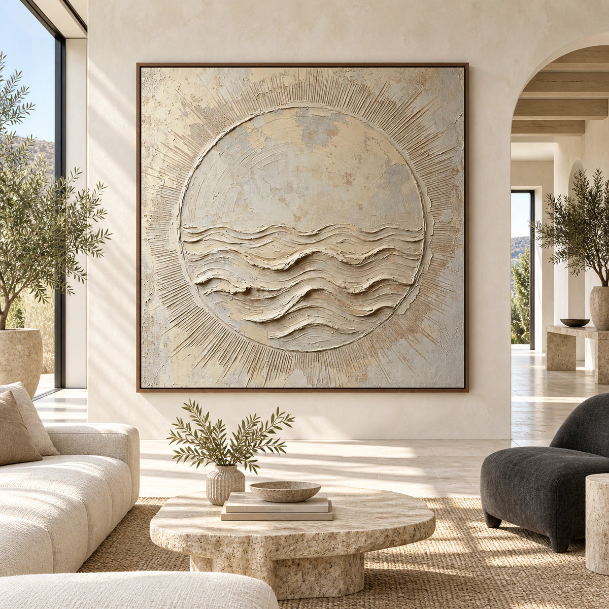 Large square Tidal-Halo relief displayed straight-on in a bright expansive architectural living space.
