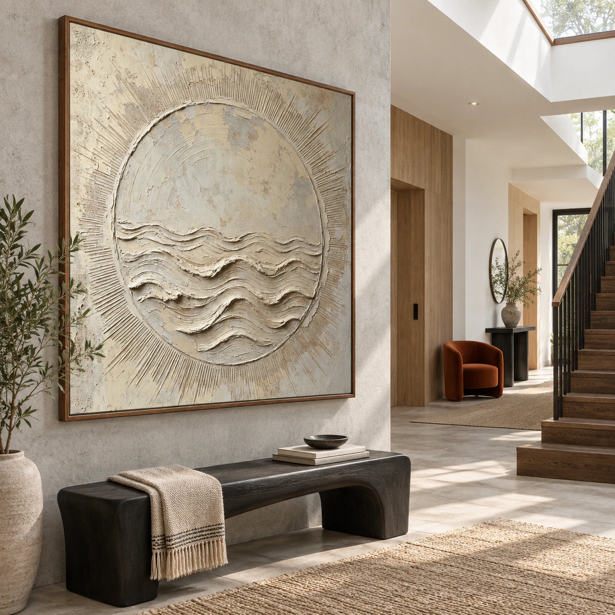 Gallery-scale Tidal-Halo artwork in a bright sculptural foyer.