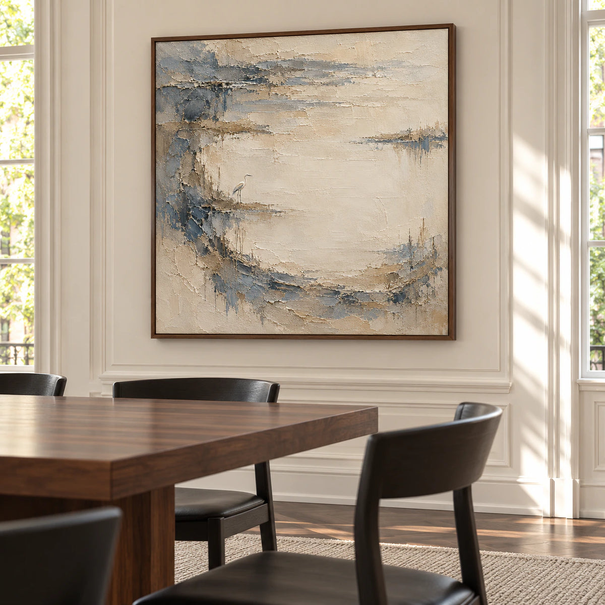Tidal Heron artwork as the focal point of a refined dining room with a long table and daylight from tall windows.