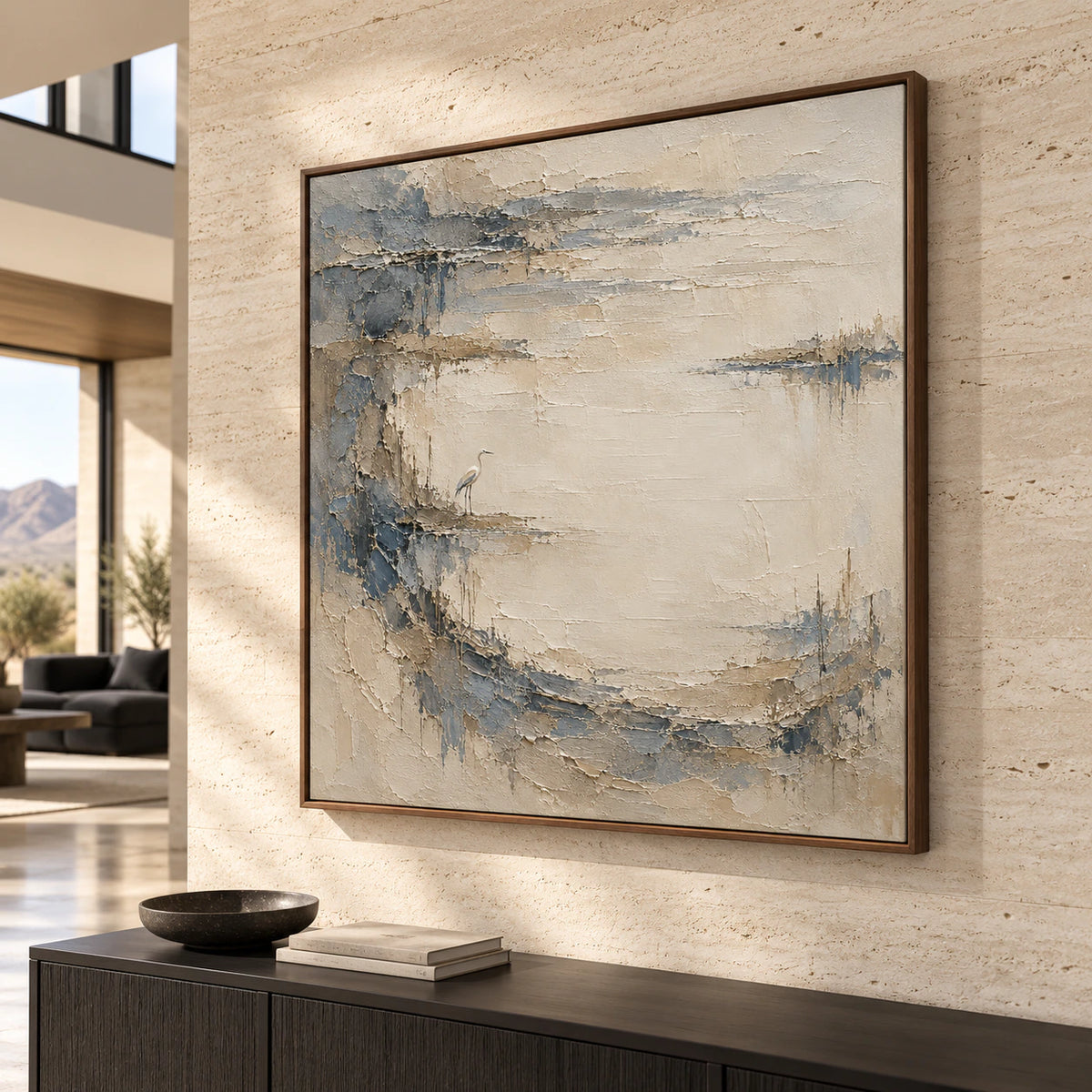 Large Tidal Heron artwork presented prominently in a bright gallery-scale foyer with architectural depth.