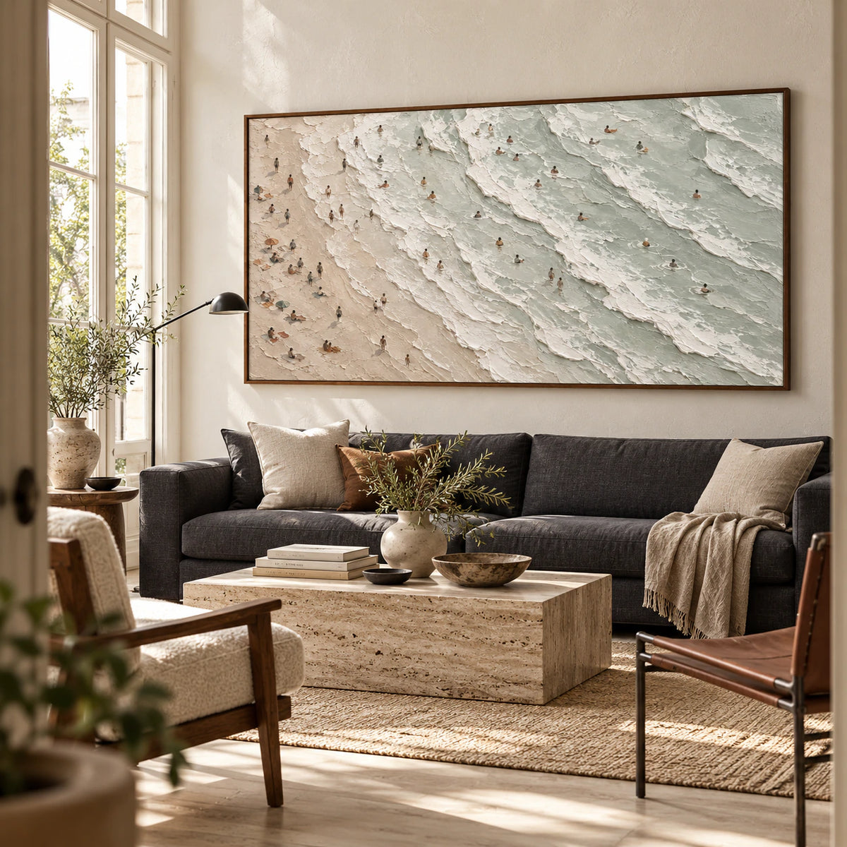 Tidal-Interval as a large focal artwork in a bright contemporary living room.