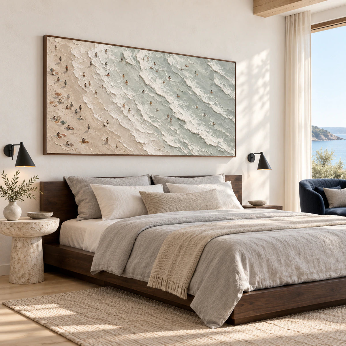 Tidal-Interval as a wide, tactile focal point in a quiet bedroom.