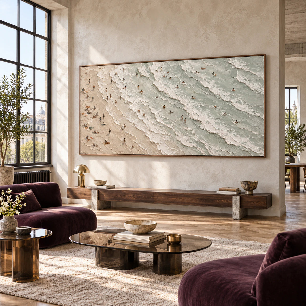 Tidal-Interval as a large art focal point in an expansive loft hospitality interior.