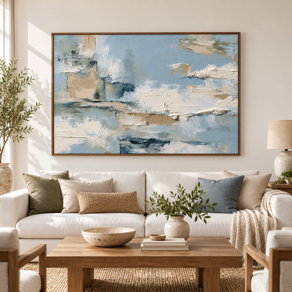 Tidal-Mantle displayed horizontally in a bright, spacious living room with pale walls and a restrained sofa, viewed straight-on.