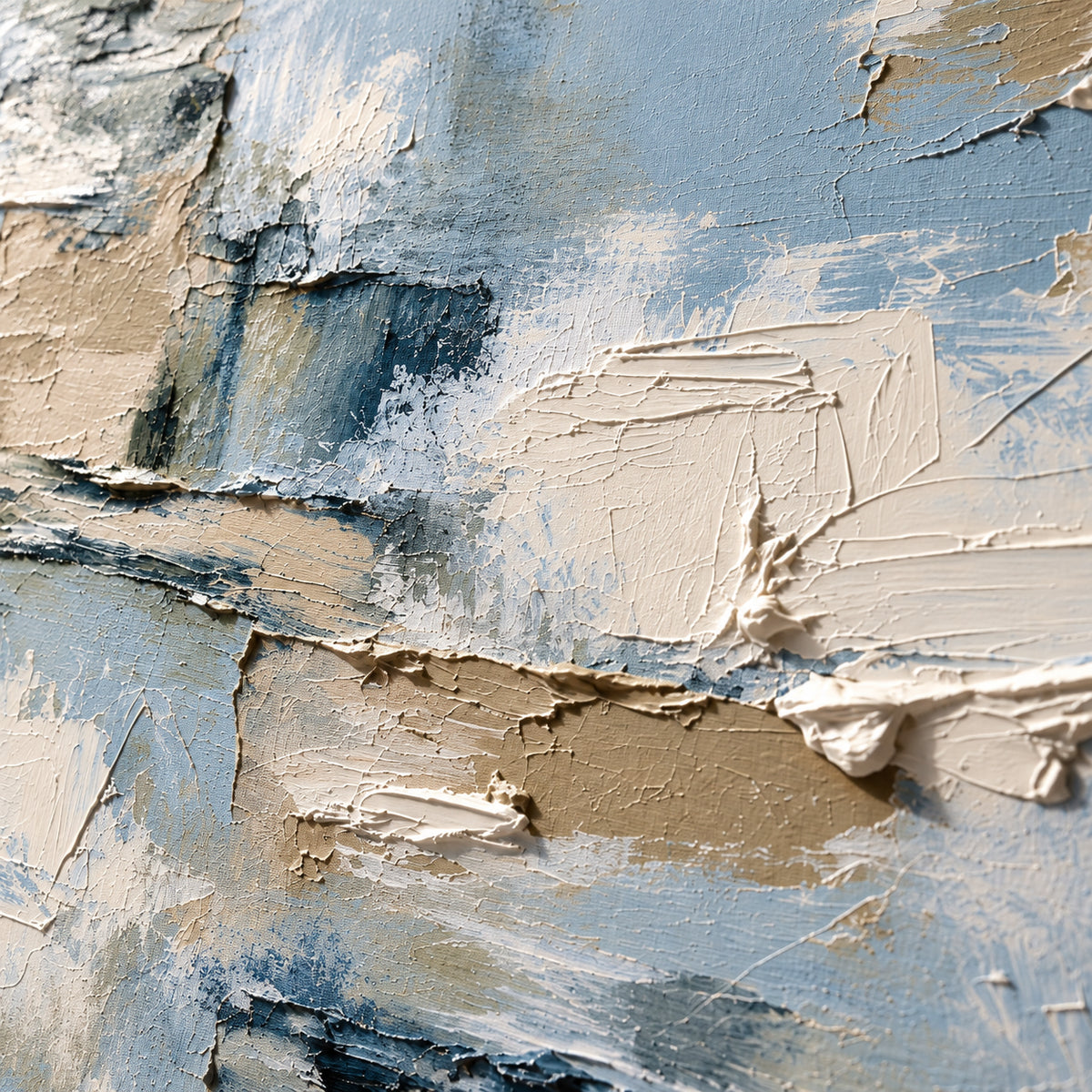Close detail of Tidal-Mantle from an oblique side angle, with grazing light revealing raised paint, layered strokes and surface texture.