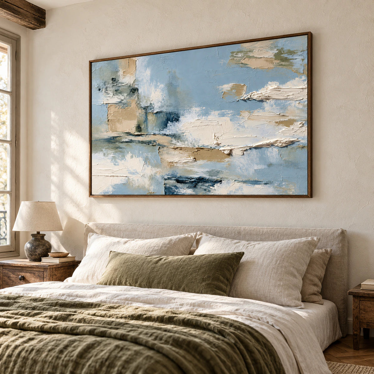 Tidal-Mantle above a simple bed with muted linen, dark timber and warm white walls, viewed from a gentle left angle in natural daylight.