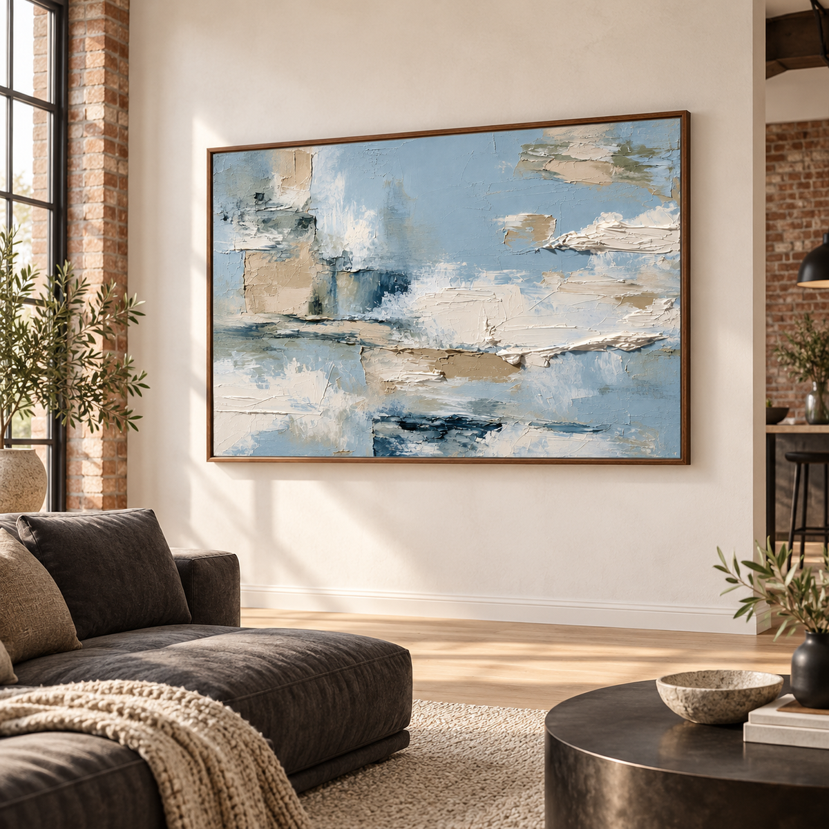 Tidal-Mantle on a broad warm-white wall in an expansive loft with a sculptural dark sofa, pale oak floor and black accents, viewed from a distant left angle.