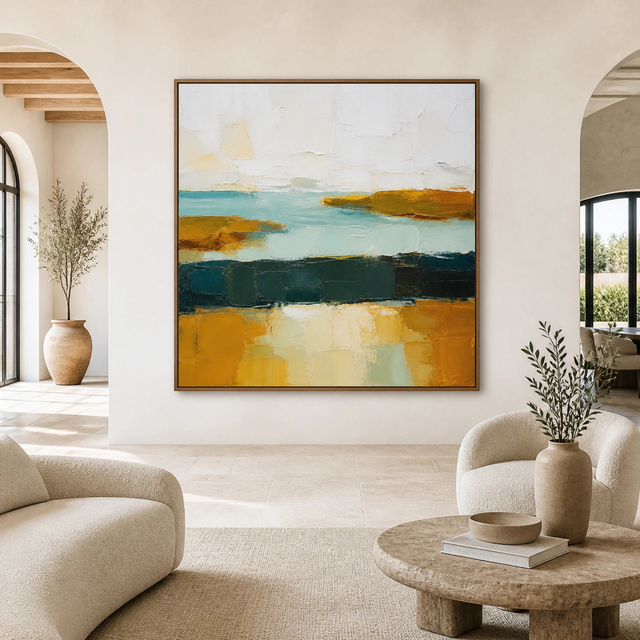 Tidal-Ochre displayed large and straight-on in an open architectural living space.