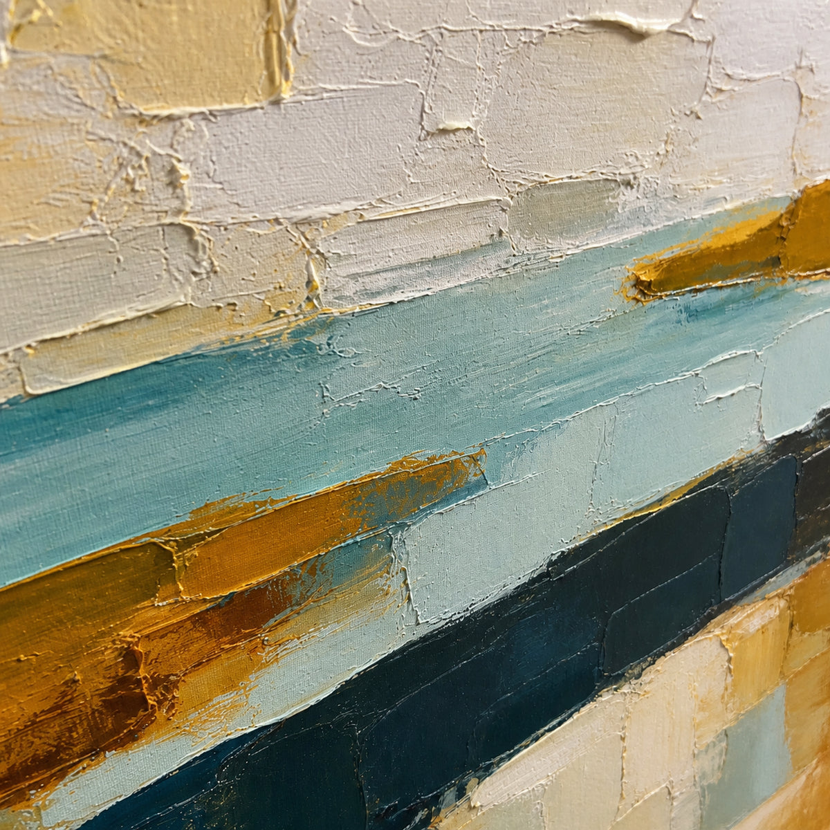 Tidal-Ochre oil painting brushwork and impasto detail photographed from an oblique side angle