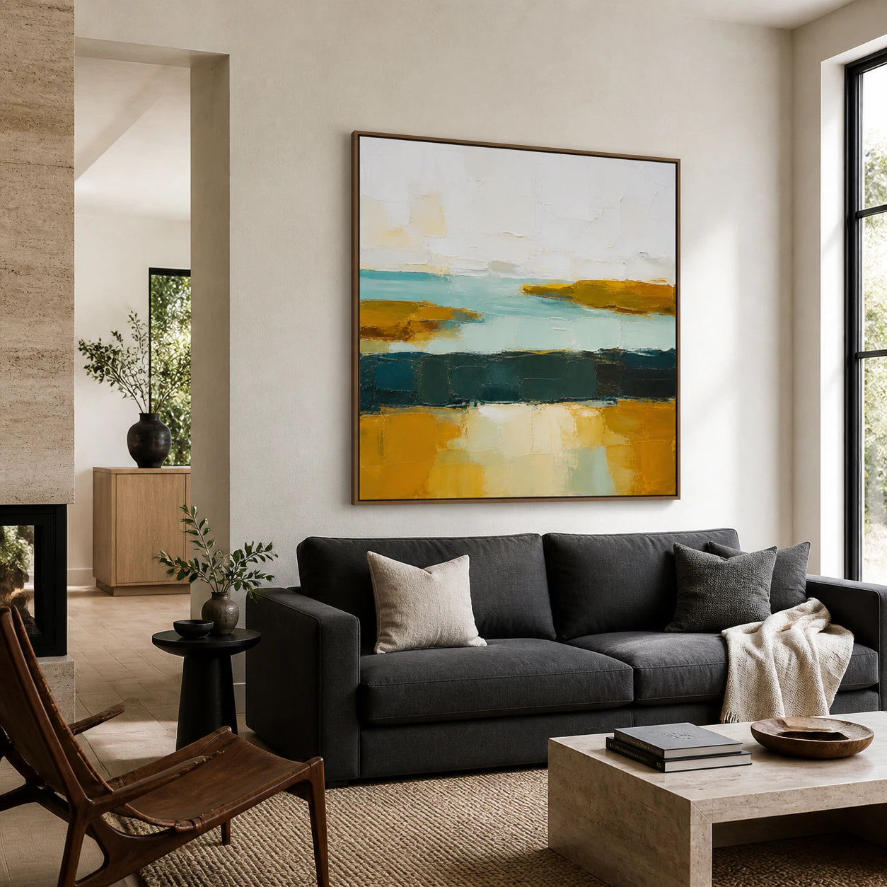 Tidal-Ochre above a restrained sofa in a bright contemporary living room.