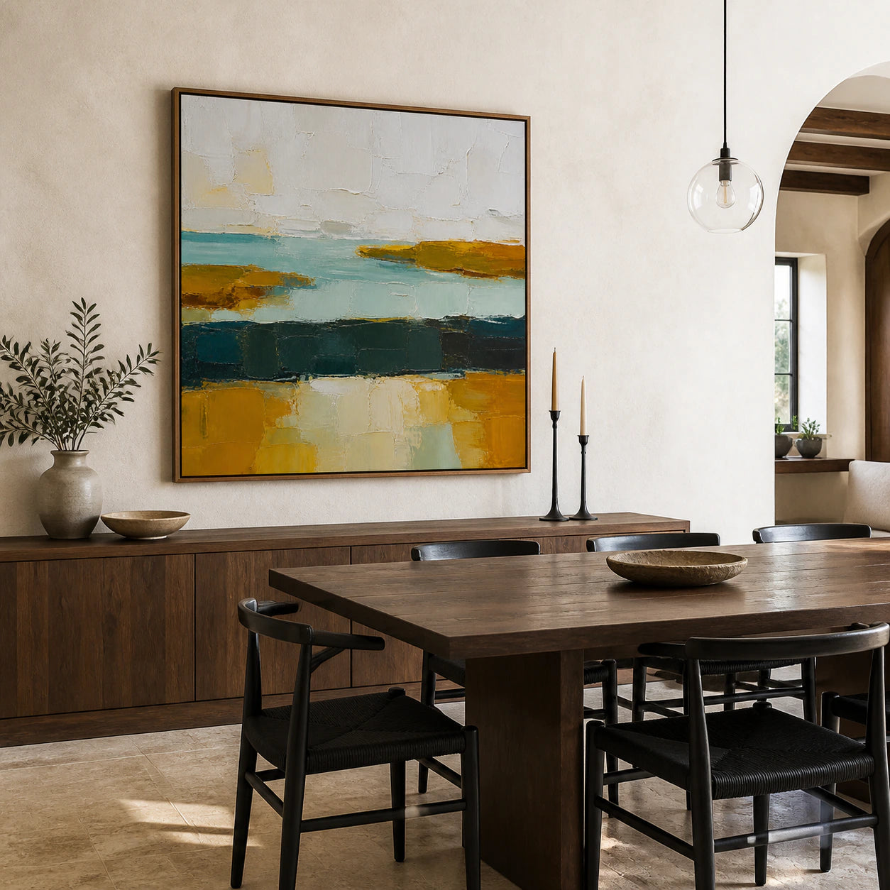 Tidal-Ochre as the focal artwork in a refined daylight dining room.