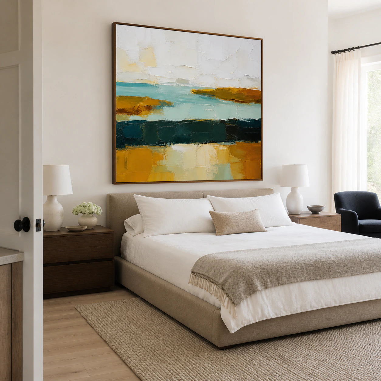 Tidal-Ochre above a low bed in a quiet, light-filled bedroom.