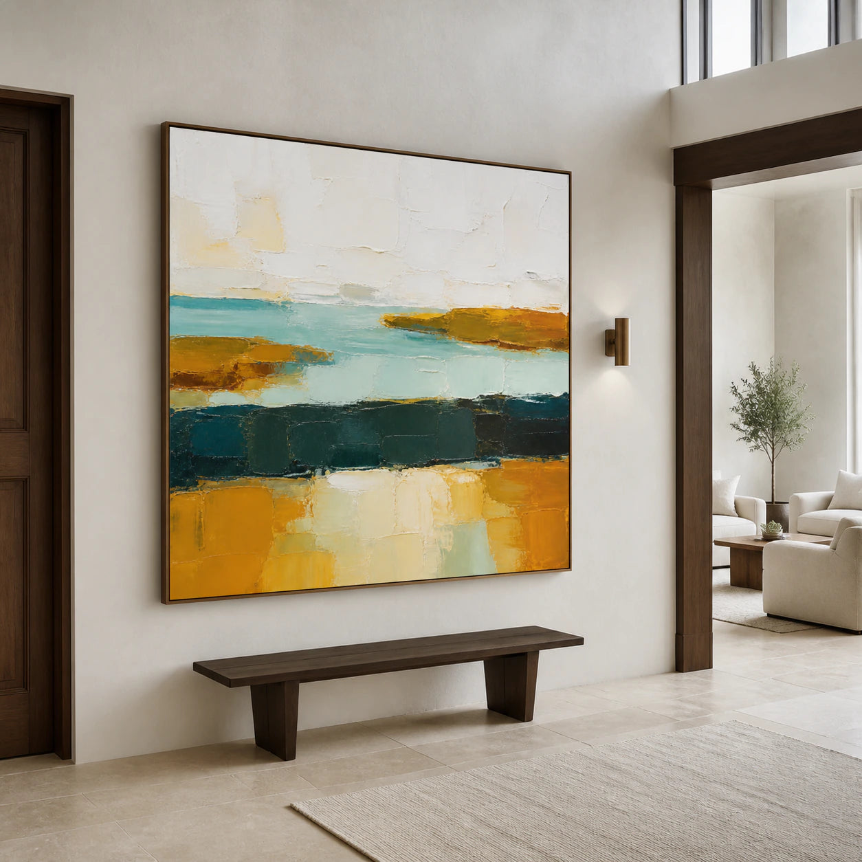 Tidal-Ochre presented at gallery scale in a bright stone foyer.