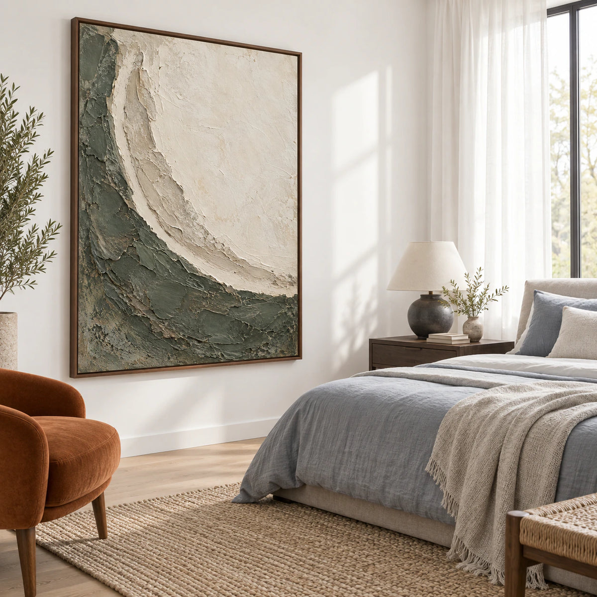 Tidal-Patina bringing tactile depth to a quiet, light-filled bedroom.