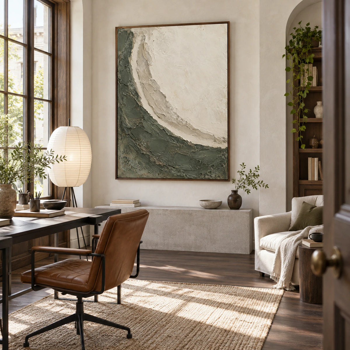 Tidal-Patina featured in an airy home office reading space.